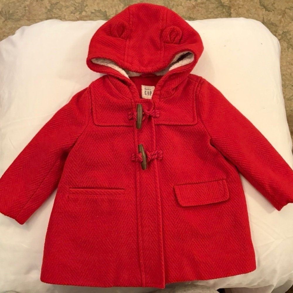 GAP Little Girls Red Hooded Toggle Pea Coat